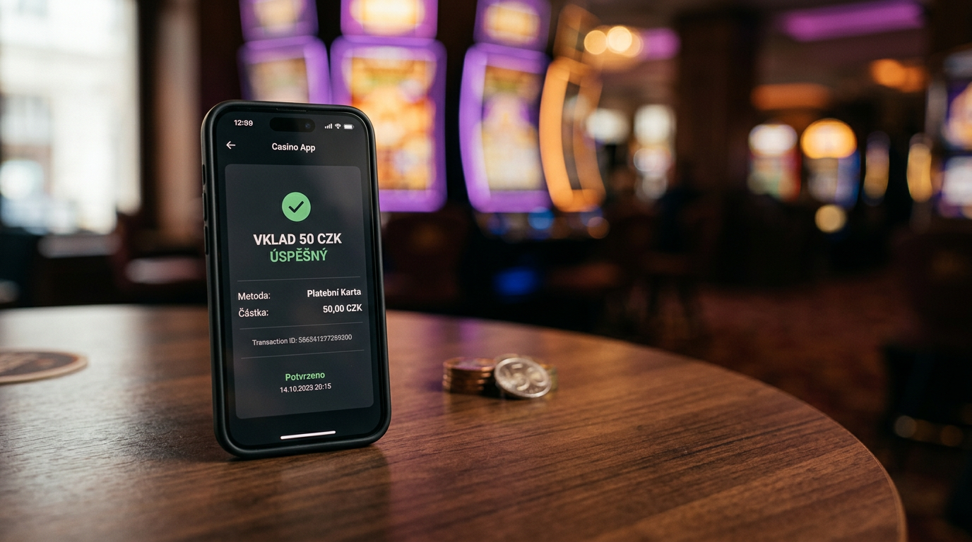 Mobilní telefon zobrazující potvrzení vkladu 50 Kč v českém online casinu